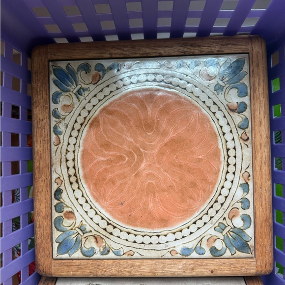 Vintage 1970s Ceramic Trivet with Wooden Frame